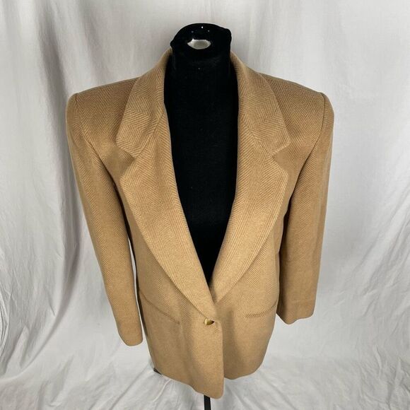 Vintage 90’s Harve’ Benard Tan Herringbone Wool Cashmere Blend Blazer - Women’s - Picture 2 of 6